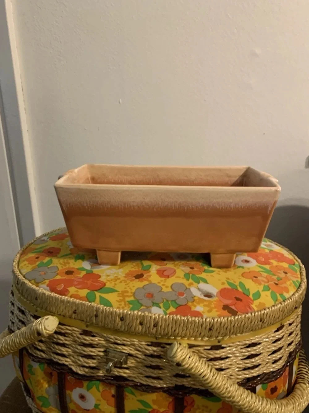 Vintage 1968 McCoy? retro drip glaze ceramic planter peach and orange